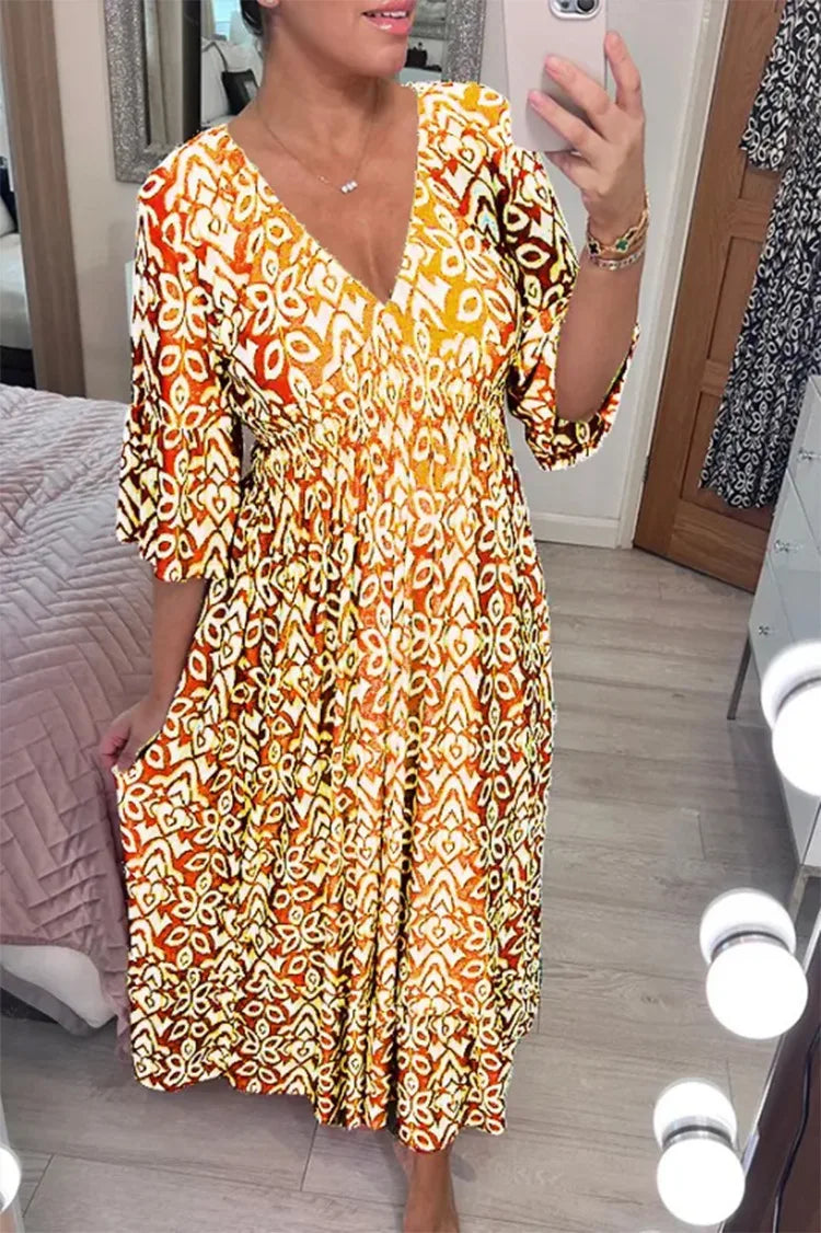 Sexy V Neck Half Sleeve Butterfly Floral Print Maxi Long Dress Summer Female Tunic Elastic Waist Loose Holiday Party Dresses