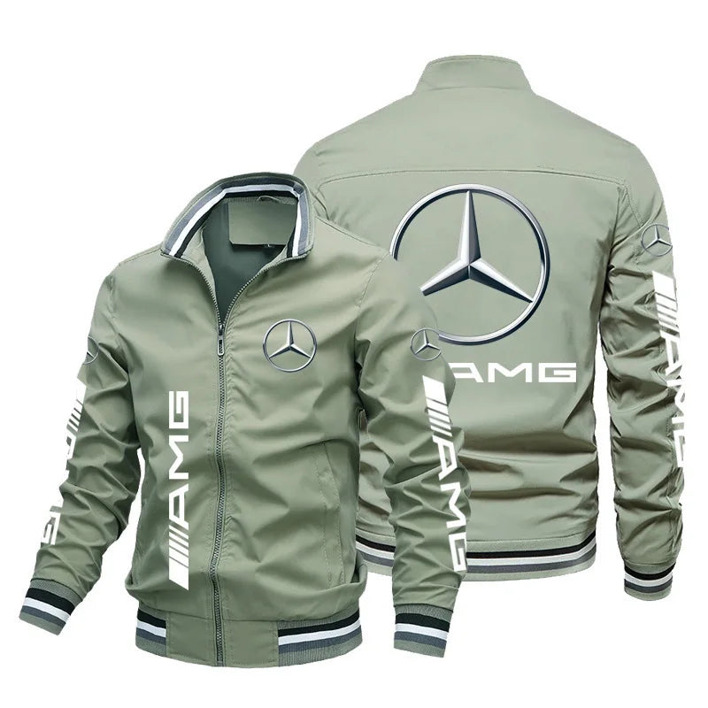 Spring and Autumn Jacket High-Quality Men's Stand Collar Sports Jacket Motorcycle Pilot Print Mercedes-Benz Workwear Motorcycle