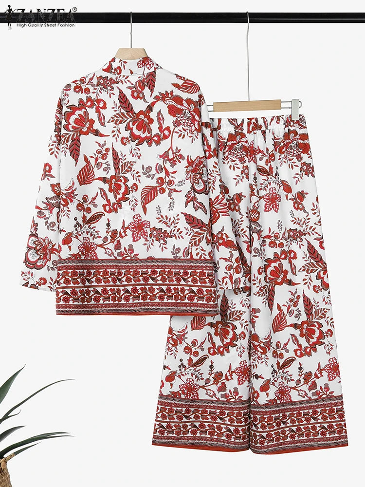 ZANZEA Vintage Women Two-piece Outfits 2025 Fashion Pant Sets Casual Loose Long Sleeve Shirts Elastic Waist Pants Autumn 2PCS
