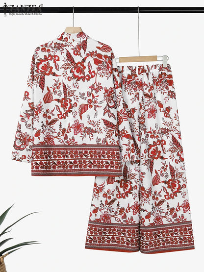 ZANZEA Vintage Women Two-piece Outfits 2025 Fashion Pant Sets Casual Loose Long Sleeve Shirts Elastic Waist Pants Autumn 2PCS