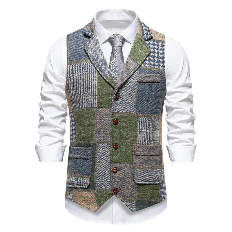 Men's Fashionable Retro Patchwork Collarless Plaid Vest Autumn Winter European Size Slim Fit Single Button Casual Youth Trend