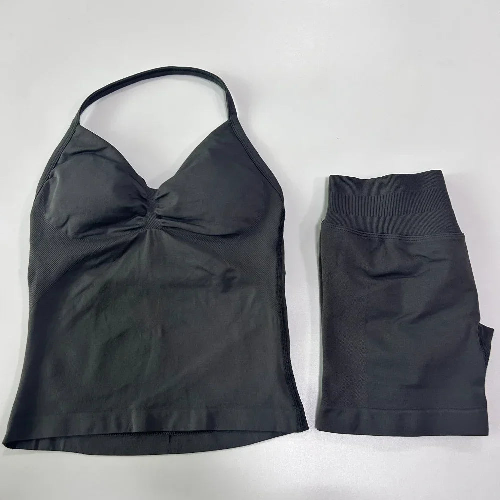 2 Pieces Sports Set Women Backless Tank Tops High Waist Scrunch Seamless Shorts Sport Suit Gym Set Sportswear Workout Set