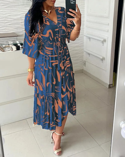 Boho Spring Summer Cotton Long Dress Printed Elegant Women Dresses Elastic Waist Vestidos Female Casual Half Sleeve A-line Dress