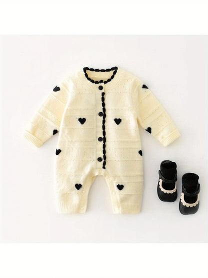 Spring and Autum Korean Style New Girls' Heart Long-Sleeved Jumpsuit Newborn Single-Breasted Cover-Up Crawling Suit Jumpsuit