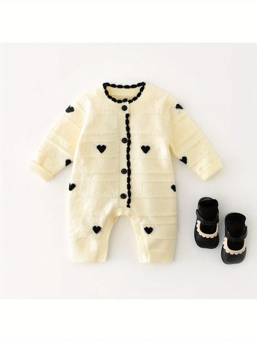 Spring and Autum Korean Style New Girls' Heart Long-Sleeved Jumpsuit Newborn Single-Breasted Cover-Up Crawling Suit Jumpsuit