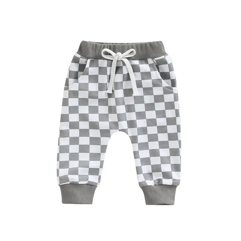 Toddler Casual Pants Baby Girl Boy Clothes Spring Autumn Fashion Checkerboard Printed Tie-up Mid-waist Trousers with Pockets