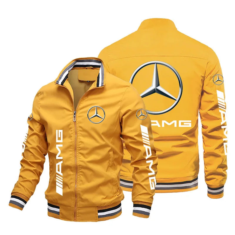 Spring and Autumn Jacket High-Quality Men's Stand Collar Sports Jacket Motorcycle Pilot Print Mercedes-Benz Workwear Motorcycle