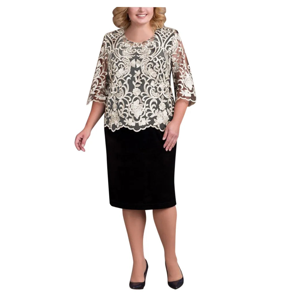 Women Elegant Formal Dress Large Size Half Sleeve Lace Patchwork Evening Party Dress Embroidery Round Neck Cocktail Dress
