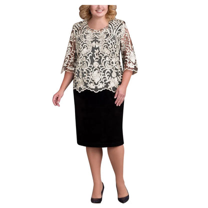 Women Elegant Formal Dress Large Size Half Sleeve Lace Patchwork Evening Party Dress Embroidery Round Neck Cocktail Dress