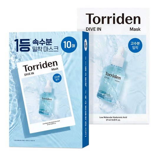 Torriden DIVE-IN Masques pour le visage à l'acide hyaluronique 10 pièces, fins et adaptés à la peau, hydratation profonde, trait