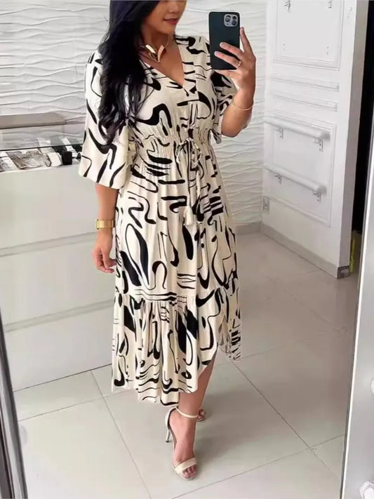 Boho Spring Summer Cotton Long Dress Printed Elegant Women Dresses Elastic Waist Vestidos Female Casual Half Sleeve A-line Dress