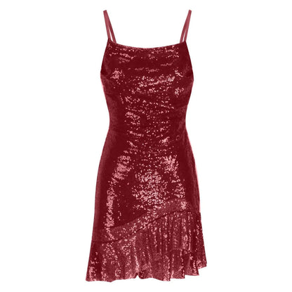 Sexy Slim Fitting Fashion Solid Color Sequin Back Cross Tie Ruffle Edge Sleeveless Suspender Irregular Hem Pleated Party Dress