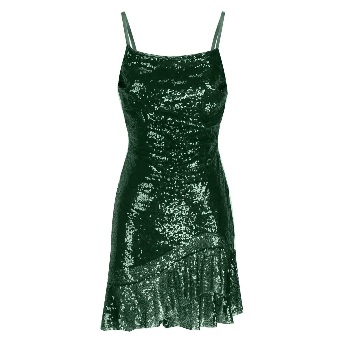 Sexy Slim Fitting Fashion Solid Color Sequin Back Cross Tie Ruffle Edge Sleeveless Suspender Irregular Hem Pleated Party Dress