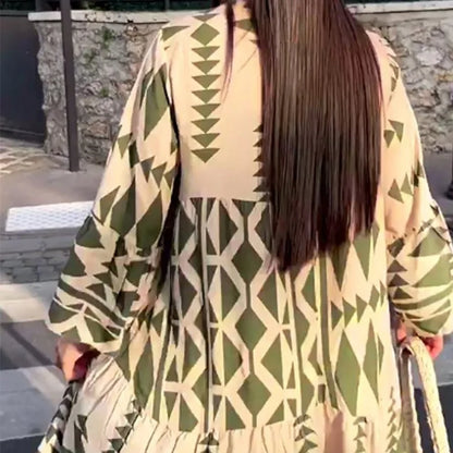 Women Print Long Sleeve Dress V-neck Long Sleeve High Waist Single Breasted Long Skirt New Holiday Loose Casual Women's Clothes