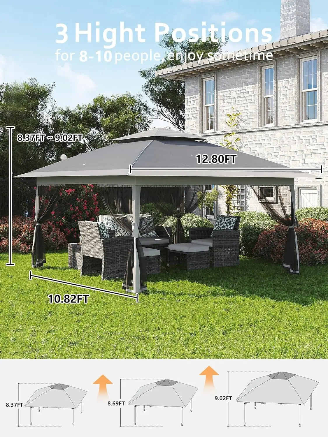13x13FT Pop Up Gazebo, Canopy Tent with Mosquito Netting, Outdoor Patio Gazebo, Backyard Tent for Party Wedding Outdoor Dining