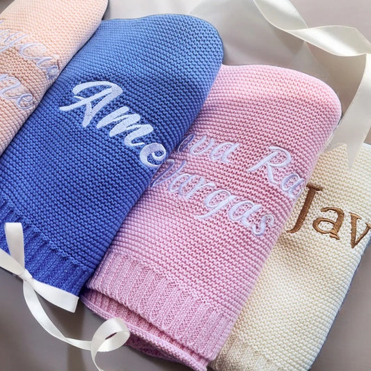 Personalized Embroidered Name Knitted Cotton Blanket Stroller Cover Kids Nap Blanket for Newborn Baby Shower Gift