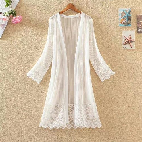 2025 New Fashion Spring Summer Women Lace Cardigan Blouses Sun Protection Clothings Lady Midi-long Beach Shirts Outwear WZ2455