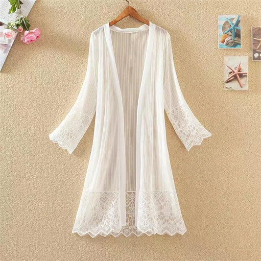 2025 New Fashion Spring Summer Women Lace Cardigan Blouses Sun Protection Clothings Lady Midi-long Beach Shirts Outwear WZ2455