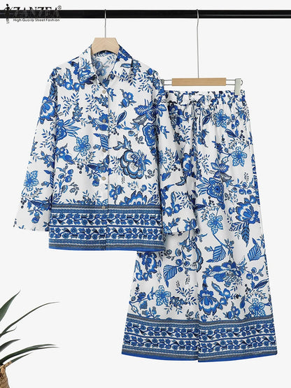 ZANZEA Vintage Women Two-piece Outfits 2025 Fashion Pant Sets Casual Loose Long Sleeve Shirts Elastic Waist Pants Autumn 2PCS