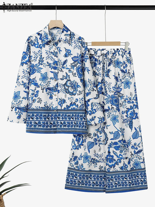 ZANZEA Vintage Women Two-piece Outfits 2025 Fashion Pant Sets Casual Loose Long Sleeve Shirts Elastic Waist Pants Autumn 2PCS