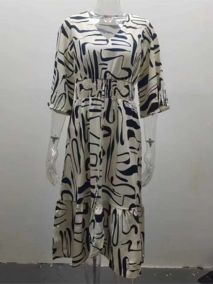 Boho Spring Summer Cotton Long Dress Printed Elegant Women Dresses Elastic Waist Vestidos Female Casual Half Sleeve A-line Dress