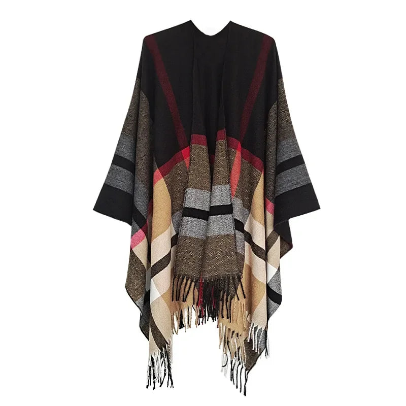 Warmth Women's Open Split Shawl Ethnic Style Geometric Tassel Travel Photography Friendly Winter Wrap Versatile Fashion Accessor