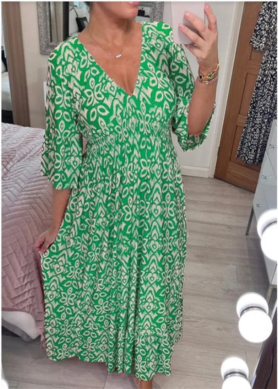 Sexy V Neck Half Sleeve Butterfly Floral Print Maxi Long Dress Summer Female Tunic Elastic Waist Loose Holiday Party Dresses