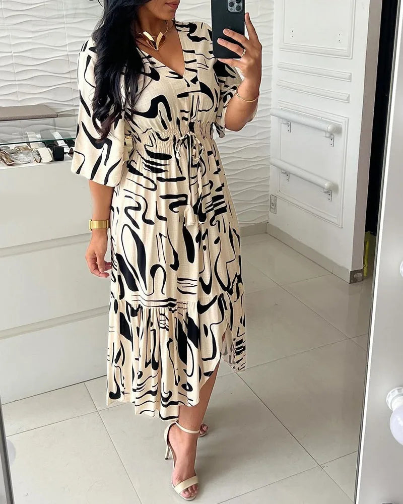 Boho Spring Summer Cotton Long Dress Printed Elegant Women Dresses Elastic Waist Vestidos Female Casual Half Sleeve A-line Dress