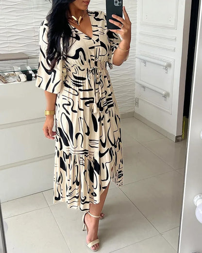 Boho Spring Summer Cotton Long Dress Printed Elegant Women Dresses Elastic Waist Vestidos Female Casual Half Sleeve A-line Dress