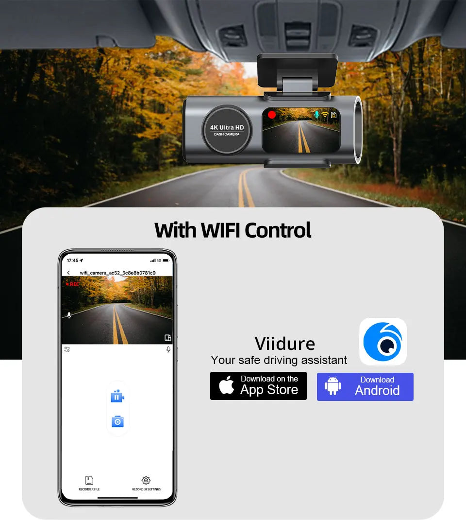 Dash Cam 4K UHD Recording Car Camera DVR Night Vision Video Recorder Built-In Wi-Fi Support Dual Lens GPS 24H Parking