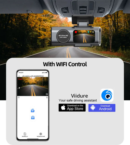 Dash Cam 4K UHD Recording Car Camera DVR Night Vision Video Recorder Built-In Wi-Fi Support Dual Lens GPS 24H Parking