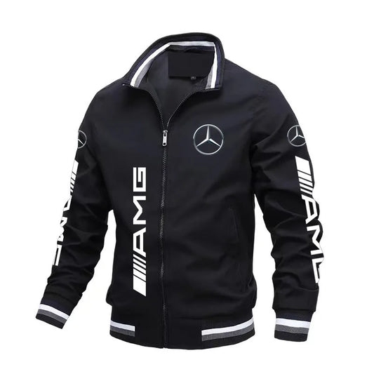 Spring and Autumn Jacket High-Quality Men's Stand Collar Sports Jacket Motorcycle Pilot Print Mercedes-Benz Workwear Motorcycle