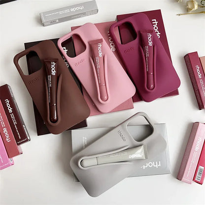 With Box Lipstick Rhode Phone Case for iPhone 16 15 14 13 12 11 Pro Max Plus 16E Makeup Lip Gloss Holder Silicone Back Cover