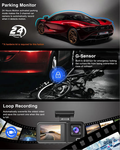 Dash Cam for Cars 3 Channel Car DVR 1080P Camera Video Recorder Front and Rear Inside View Camera for Vehicle Three Way Dashcam