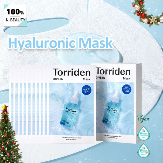 Torriden DIVE-IN Hyaluronic Acid Facial Sheet Masks 10pcs,Thin & Skin-Fit,Deep Hydration,Weekly Treatment,K-Beauty,Korean Makeup