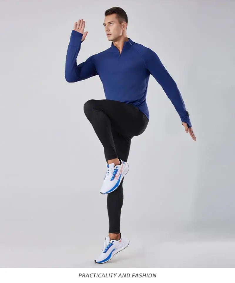 (S-2XL)Quick Dry Running T-shirt Men Zipper Stand Collar Sweatshirt Exercise Traning Fitness Tops Long Sleeve Sport Tee Shirt