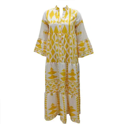 Women Print Long Sleeve Dress V-neck Long Sleeve High Waist Single Breasted Long Skirt New Holiday Loose Casual Women's Clothes