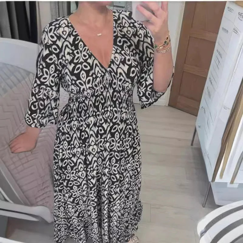 Sexy V Neck Half Sleeve Butterfly Floral Print Maxi Long Dress Summer Female Tunic Elastic Waist Loose Holiday Party Dresses