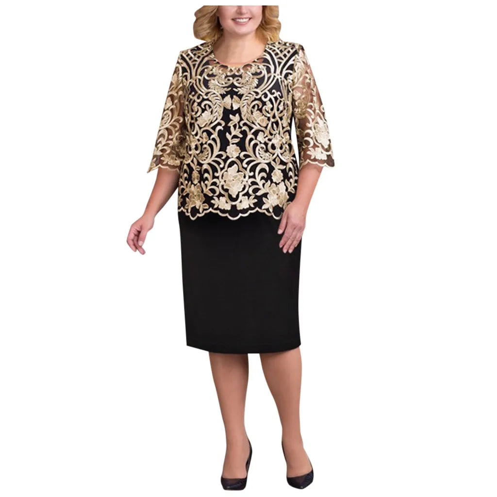 Women Elegant Formal Dress Large Size Half Sleeve Lace Patchwork Evening Party Dress Embroidery Round Neck Cocktail Dress