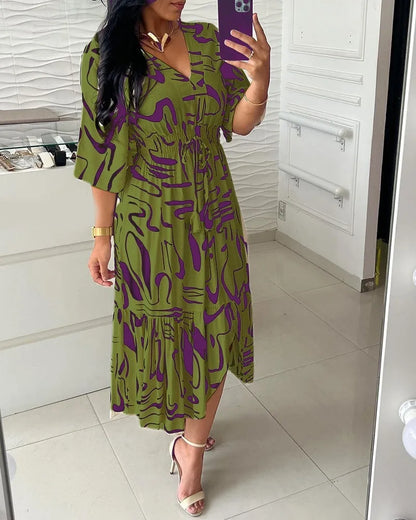 Boho Spring Summer Cotton Long Dress Printed Elegant Women Dresses Elastic Waist Vestidos Female Casual Half Sleeve A-line Dress