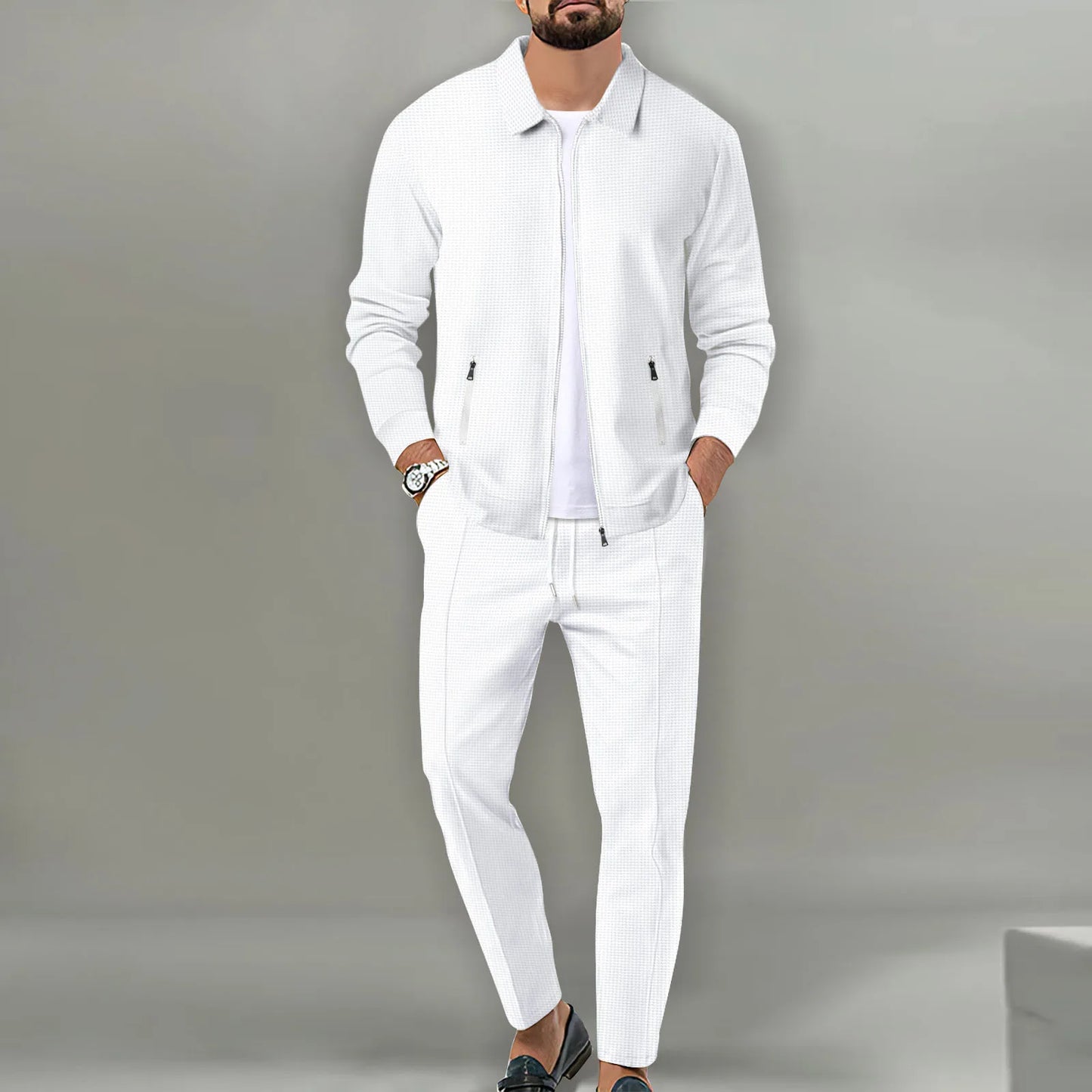 Autumnwinter men's casual blazer set new fashion Waffle baseball suit round neck pocket zipper long sleeve trousers two-piece se