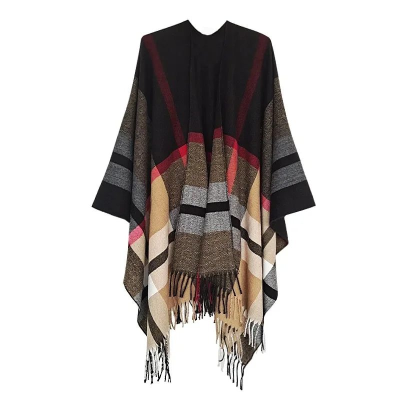 Warmth Women's Open Split Shawl Ethnic Style Geometric Tassel Travel Photography Friendly Winter Wrap Versatile Fashion Accessor