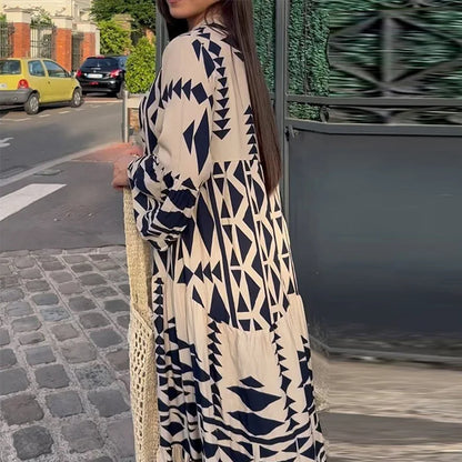 Women Print Long Sleeve Dress V-neck Long Sleeve High Waist Single Breasted Long Skirt New Holiday Loose Casual Women's Clothes