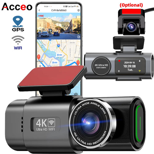 Dash Cam 4K UHD Recording Car Camera DVR Night Vision Video Recorder Built-In Wi-Fi Support Dual Lens GPS 24H Parking