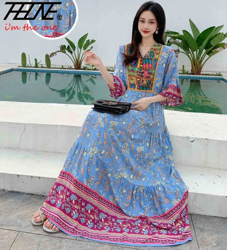 Indian Dress for Women Summer Embroidery Chic Elegant Party Dresses Clothes Vintage Long Maxi Prom Bohemian Beach Robe Vestidos