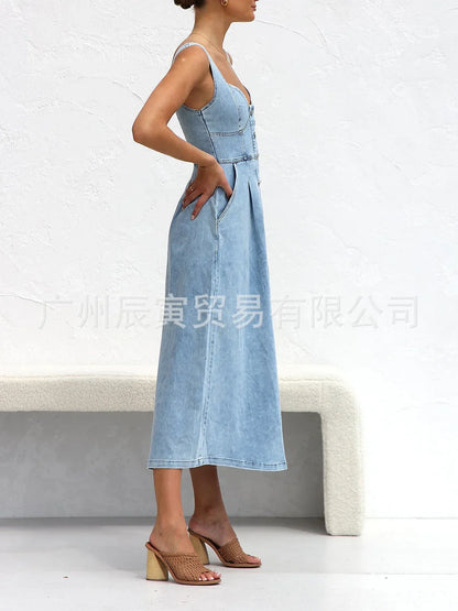 Women Denim Dresses Long Dress Sling Sleeveless A Line Casual High Waist Maxi Elegant Vestidos largos Summer 2025 Y2k Streetwear