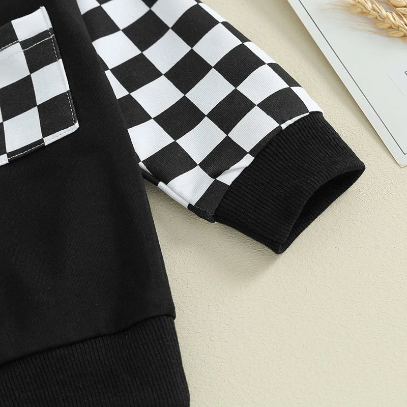 Toddler Baby Boy Outfit Plaid Contrast Color Long Sleeve Sweatshirts Stretch Jogger Pants Newborn Clothes Sets