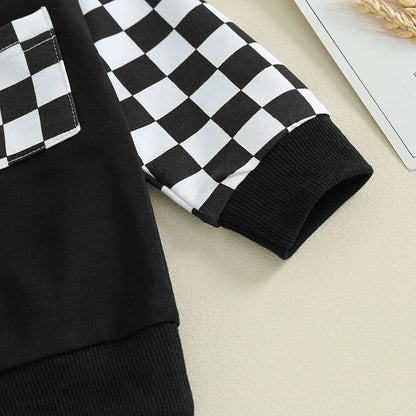 Toddler Baby Boy Outfit Plaid Contrast Color Long Sleeve Sweatshirts Stretch Jogger Pants Newborn Clothes Sets