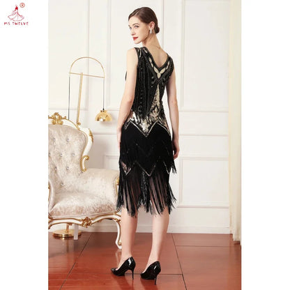 Women 1920s Sleeveless V-Neck Double Layer Tassel Dress, Gatsby Cocktail Prom Vintage Sequin Beads, Retro Latin Dance Party Dres