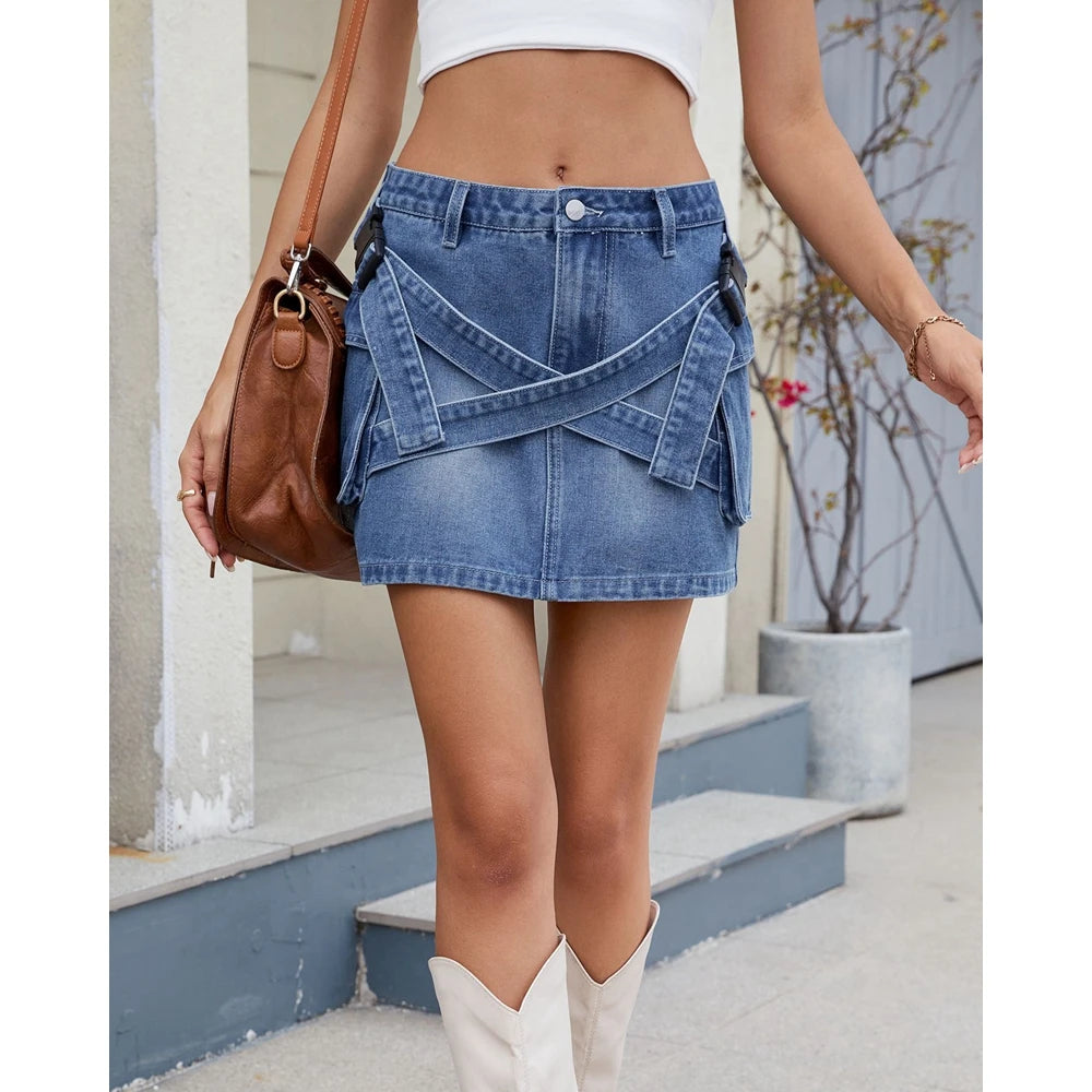 Women's Summer Women's Vintage Washed Denim Cargo Skirt Utility Patch Pockets Casual Streetwear High Waist Cross-Border Skirts